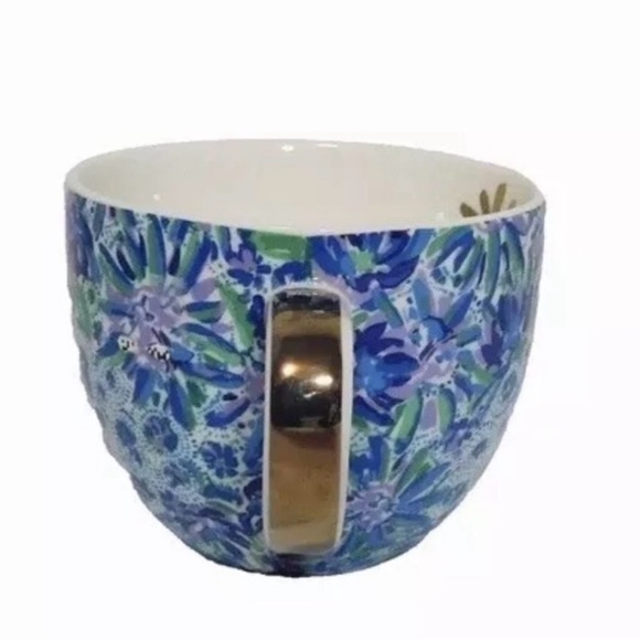 Lilly Pulitzer 12oz Ceramic Blue Floral Coffee Tea Mug Cup Gold Tone Accents - Picture 5 of 10